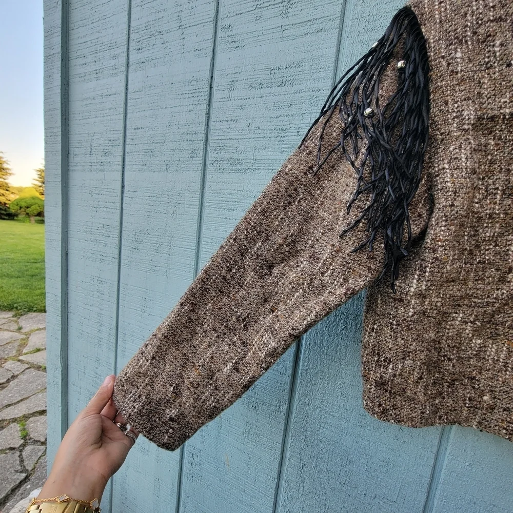 Double D Ranch Cropped Tweed Fringe Beaded Jacket sz S Black Brown Western VTG